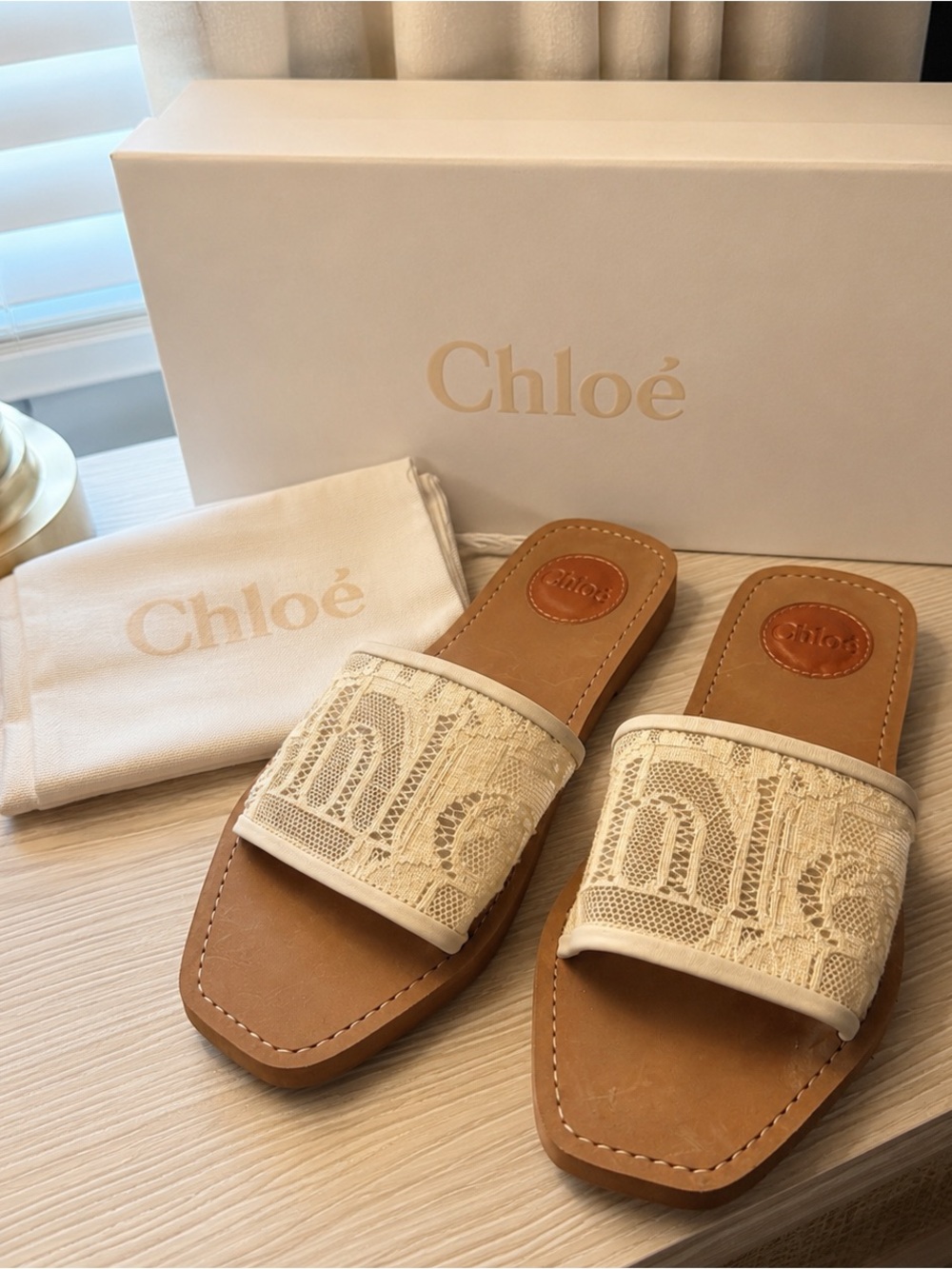 Chloé Cream Lace Slide Sandals with Box and Dust Bags